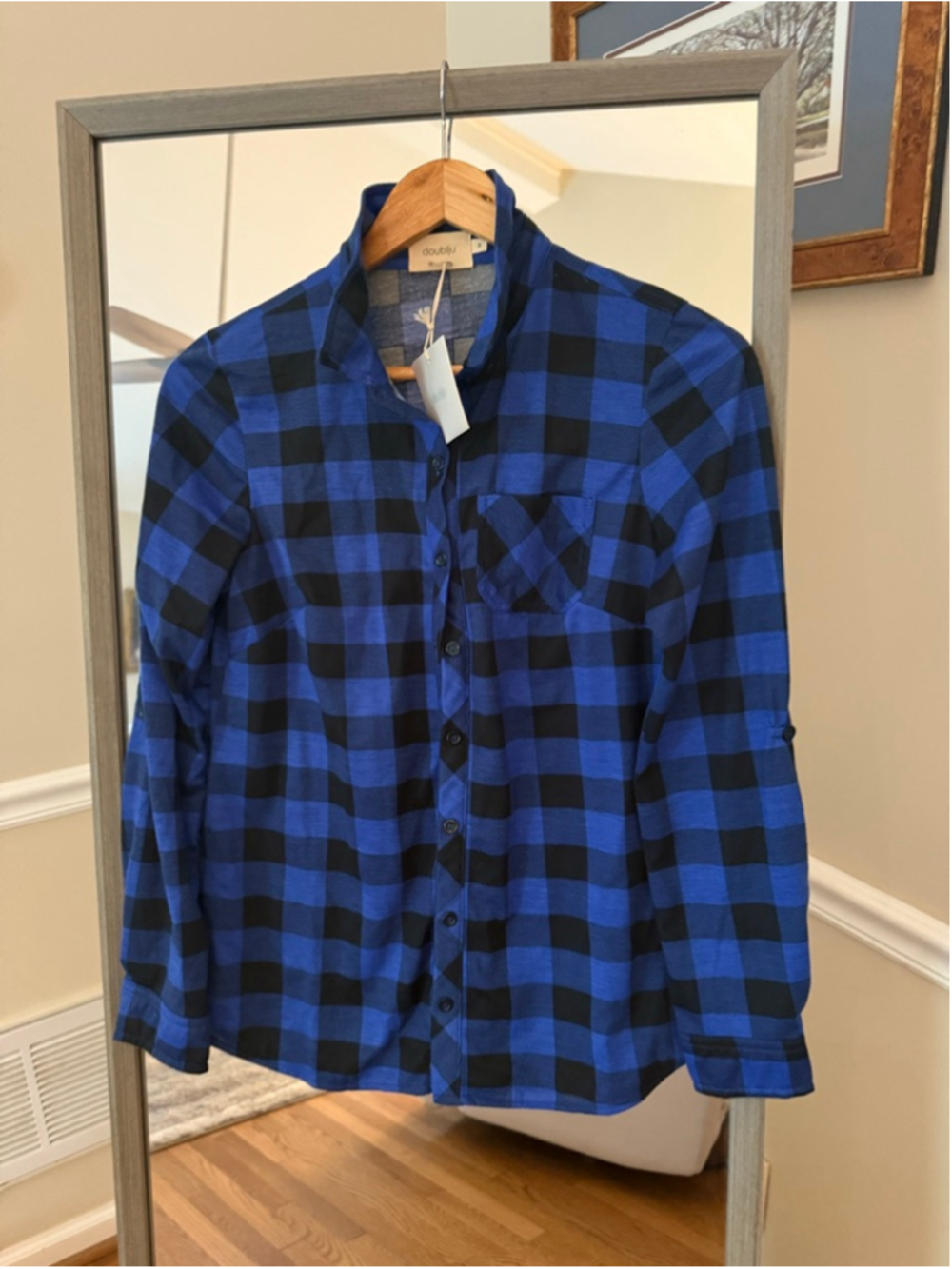 Women's doublju Blue Black Plaid Button Down Shirt S